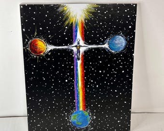 Impression d'art faisceau lumineux arc-en-ciel croix cosmique • Rituel magique de la Kabbale, symbole occulte, espace planètes, décoration murale