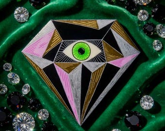 Coulée en résine de bois de récupération peinte à la main Black Diamond • Décoration murale pop art géométrique