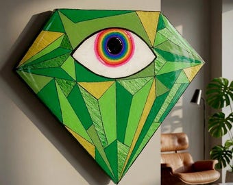Diamant émeraude VIII • Art arc-en-ciel en résine du troisième œil sur bois de récupération • Décoration murale géométrie sacrée