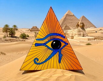 Oeil d'Horus égyptien, oeuvre en résine pyramidale • Peinture géométrique sacrée sur bois de récupération