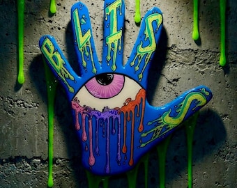Main BLISS Slime Eye • Art punk psychédélique en résine sur bois de récupération