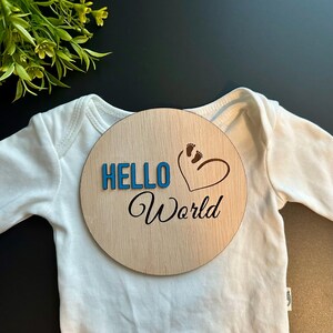 Hello World Blue | Round Wooden Birth Announcement | Sign Newborn | Baby Hospital Pictures | Circle Baby Sign