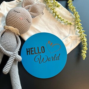 Boy Hello World | Round Wooden Birth Announcement Blue | Sign Newborn | Baby Hospital Pictures | Circle Baby Sign