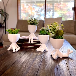 May include: Four white ceramic planters shaped like people, each holding a different type of green plant. The planters are sitting on a dark wood table.