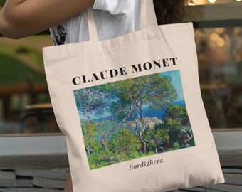 Bordighera (1884) de Claude Monet bolso de lona estético, bolso artístico, bolso lindo de todos los días, ideas artísticas de regalos, bolso de hombro, bolso de playa