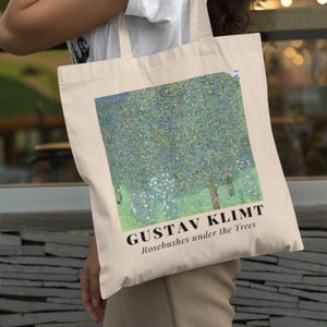 Gustav Klimt&#39;s Rosebushes under the Trees (1905) canvas tote bag aesthetic, artsy tote bag, floral tote bag, everyday bag, artsy gift idea
