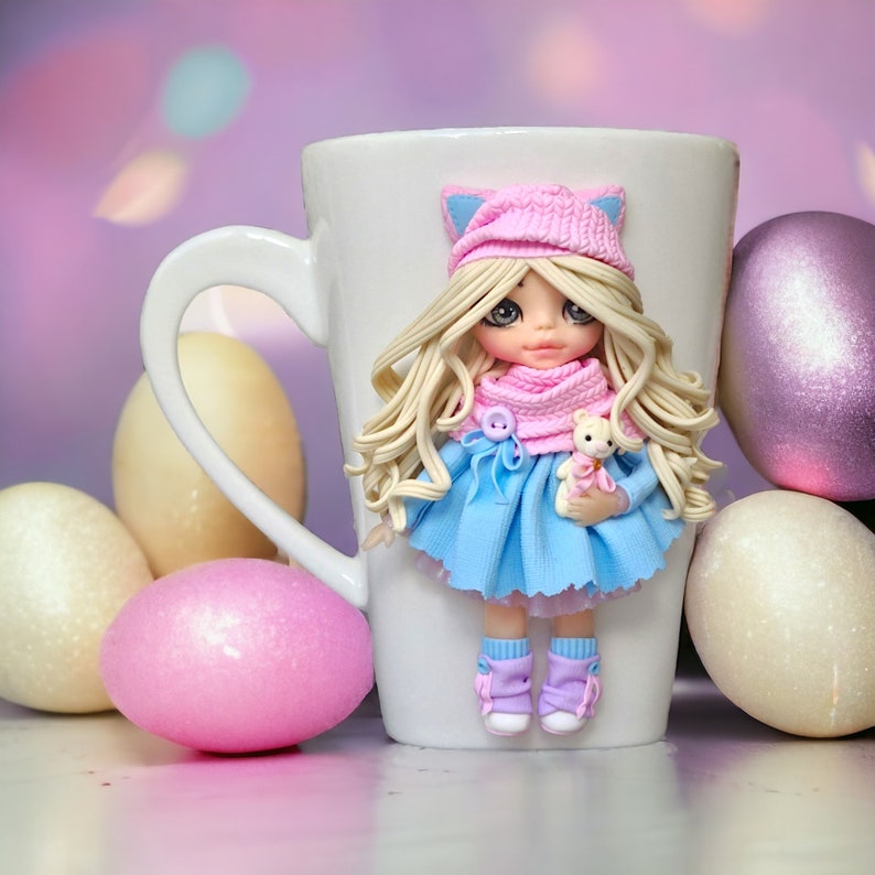Custom coffee mug with cute 3d pink blue dress doll, personalized mug, gift for daughter, for niece, Easter gift image 2