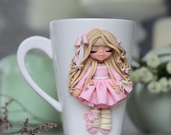Custom coffee mug with gentle 3d pink dress doll, personalized mug, gift for daughter, for niece