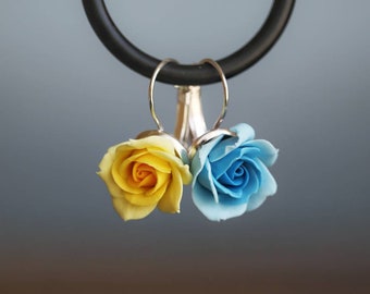 Dangle rose earrings ukrainian colors, blue and yellow roses earrings