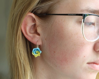 Dangle rose earrings ukrainian colors, blue and yellow roses earrings