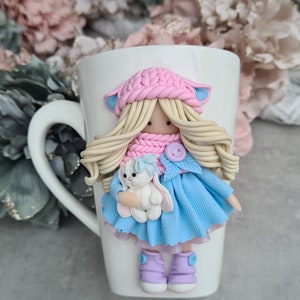 Mug à café personnalisé avec jolie poupée 3D rose bleu, mug personnalisé, cadeau pour fille, pour nièce, cadeau de Pâques image 2