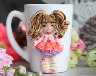 Personalized coffee mug with cute 3d pink dress doll, gift for girlfriend, niece, daughter