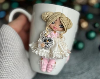 Taza Coquette personalizada: Muñeca de arcilla polimérica hecha a mano, taza de café para niña
