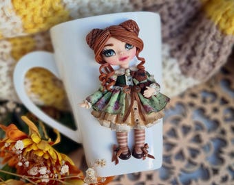 Taza de muñeca personalizada: taza de café vintage de arcilla polimérica hecha a mano