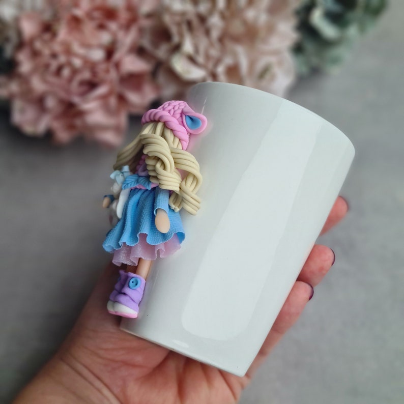 Custom coffee mug with cute 3d pink blue dress doll, personalized mug, gift for daughter, for niece, Easter gift image 7