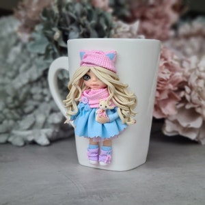 Custom coffee mug with cute 3d pink blue dress doll, personalized mug, gift for daughter, for niece, Easter gift image 3