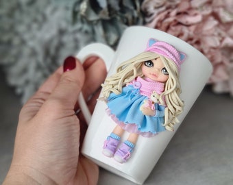 Custom coffee mug with cute 3d pink blue dress doll, personalized mug, gift for daughter, for niece, Easter gift