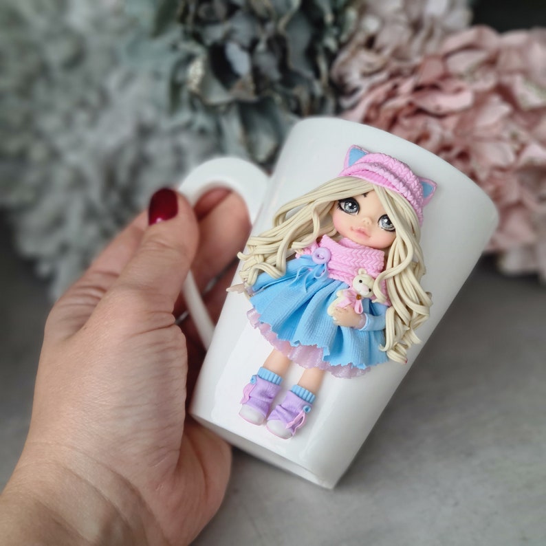 Custom coffee mug with cute 3d pink blue dress doll, personalized mug, gift for daughter, for niece, Easter gift image 1