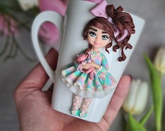 Personalized white coffee mug with cute 3d doll, gift for daughter, mom, girlfriend