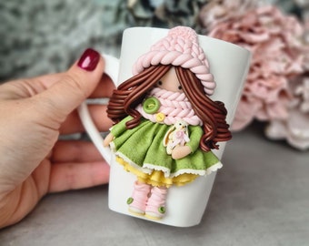 Custom coffee mug with cute 3d tilda doll, personalized mug, coworker gift, for daughter, for girlfriend, for niece.