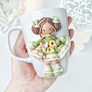 Custom coffee mug with cute 3d tilda doll, personalized mug, coworker gift, for daughter, for girlfriend, green tilda doll. Made to order