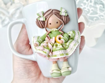 Custom coffee mug with cute 3d tilda doll, personalized mug, coworker gift, for daughter, for girlfriend, green tilda doll. Made to order