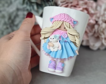 Custom coffee mug with cute 3d pink blue dress doll, personalized mug, gift for daughter, for niece, Easter gift