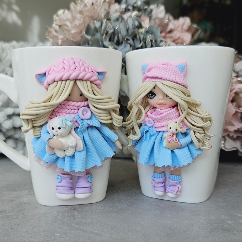 Mug à café personnalisé avec jolie poupée 3D rose bleu, mug personnalisé, cadeau pour fille, pour nièce, cadeau de Pâques image 5