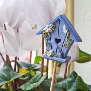 Birdhouse flower pot stake, orchid stake, garden decor, plant marker, plant stake, garden art, gardener gift