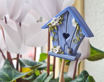 Birdhouse flower pot stake, orchid stake, garden decor, plant marker, plant stake, garden art, gardener gift
