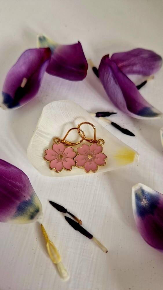Handmade Sakura flower earrings, Gold Plated with Enamel Charms, Unique Gift for Her