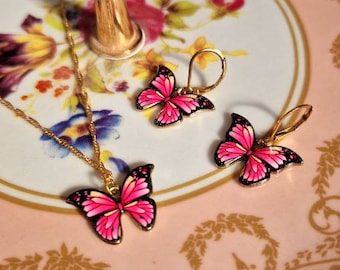 Handmade Enamel Butterfly Necklace Earrings Set, Pink Blue Gold Plated Chain