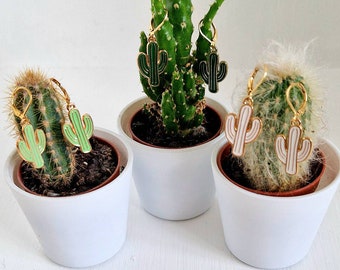 Handmade Enamel Cacti Earrings Set, White, Light Green and Dark Green, Unique Gift for Her