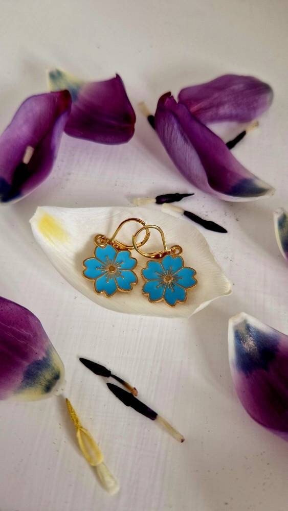 Handmade Sakura flower earrings, Gold Plated with Enamel Charms, Unique Gift for Her