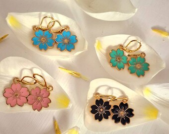 Handmade Sakura flower earrings, Gold Plated with Enamel Charms, Unique Gift for Her