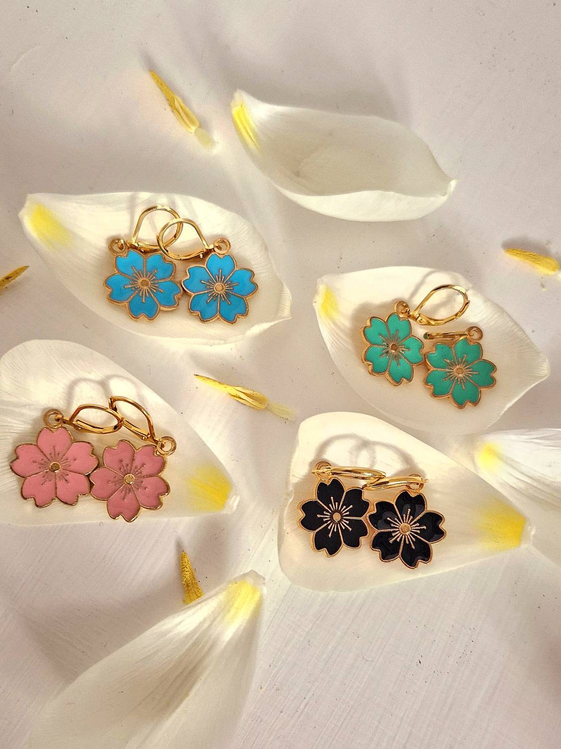 Handmade Sakura flower earrings, Gold Plated with Enamel Charms, Unique Gift for Her