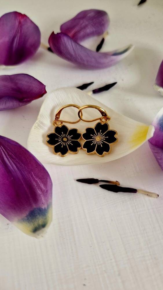 Handmade Sakura flower earrings, Gold Plated with Enamel Charms, Unique Gift for Her