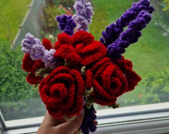 Handmade Crochet Forever Bouquet, Crocheted Roses and Lavender, Unique Gifts for Her