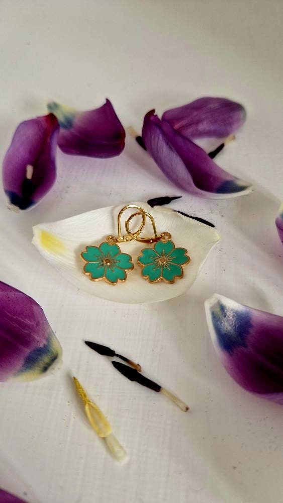 Handmade Sakura flower earrings, Gold Plated with Enamel Charms, Unique Gift for Her