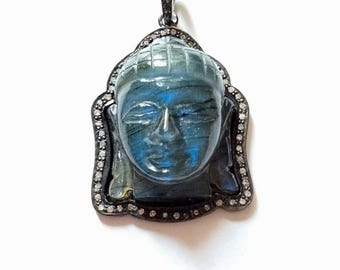 Labradorite Buddha Pendant with Pavé Diamonds – Sterling Silver Meditation Charm