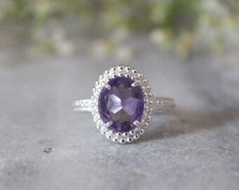 Handcrafted Oval Amethyst Ring: 925 Sterling Silver Statement Ring
