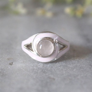 Handmade Sterling Silver Rose Quartz Ring – Pink Enamel Detail image 1