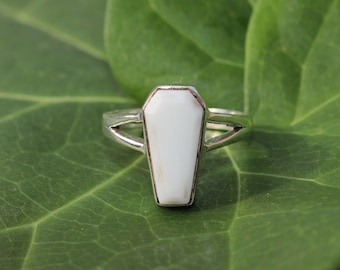 Handcrafted Sterling Silver White Agate Coffin Ring: Gothic Jewelry