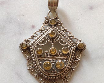 Handmade Sterling Silver Citrine Pendant – Ornate Boho Gemstone Jewelry
