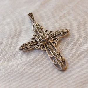 Antique Marcasite Holy Cross Crucifix Pendant With Oxidised 925