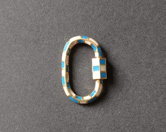 Sky Blue & White Enamel Gold Carabiner Pendant: 925 Silver Charm