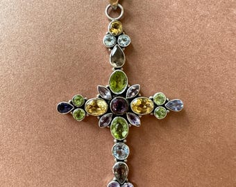 Oxidized Sterling Silver Gemstone Cross Pendant – Handmade Crucifix