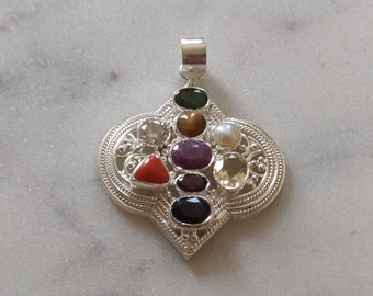Navratna Pendant 925 Sterling Silver – Nine Gemstone Astrology Locket, Spiritual Protection Amulet