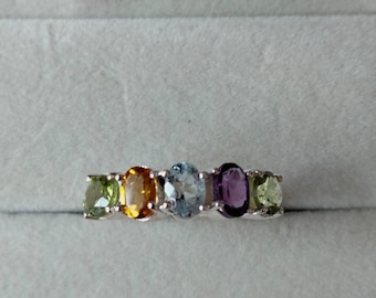 Natural Multi Gemstone Ring – Aquamarine, Citrine, Amethyst, Peridot Sterling Silver