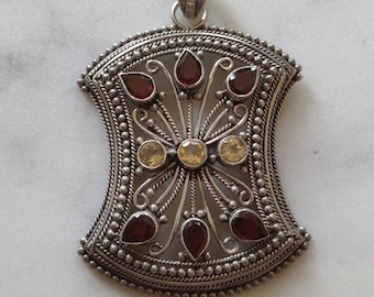 Oxidized Sterling Silver Pendant: Garnet & Citrine Gemstone